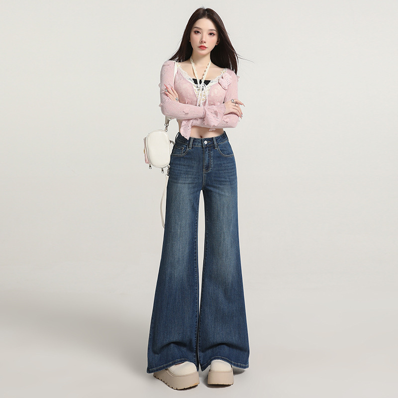 Spring and Summer New Style American Retro Flared Jeans for Women, High-Waisted, Non-Tight-Fitting, Slimming, Versatile, Stretchy Wide-Leg Bell-Bottom Pants