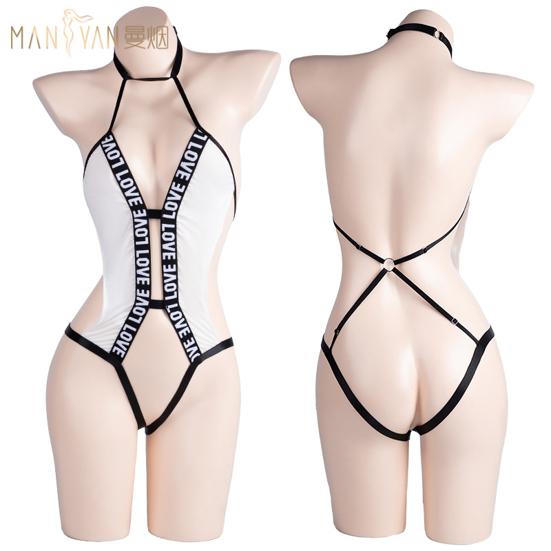 Man fumaba ropa interior sexy profunda v cuello colgando hermosa carta de espalda abierta correa apretada uniforme de camiseta 1621