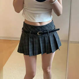 腰带款复古格纹百褶半身裙女夏2025学院风低腰辣妹防走光A字短裙