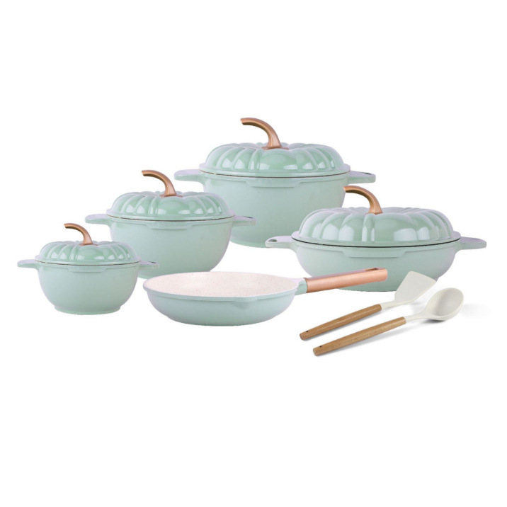 9Pcs Pumpkin Pot Set, Pressure Die-Cast Pot, Medical Rice Stone Pot, Marble Non-Stick Aluminum Pot