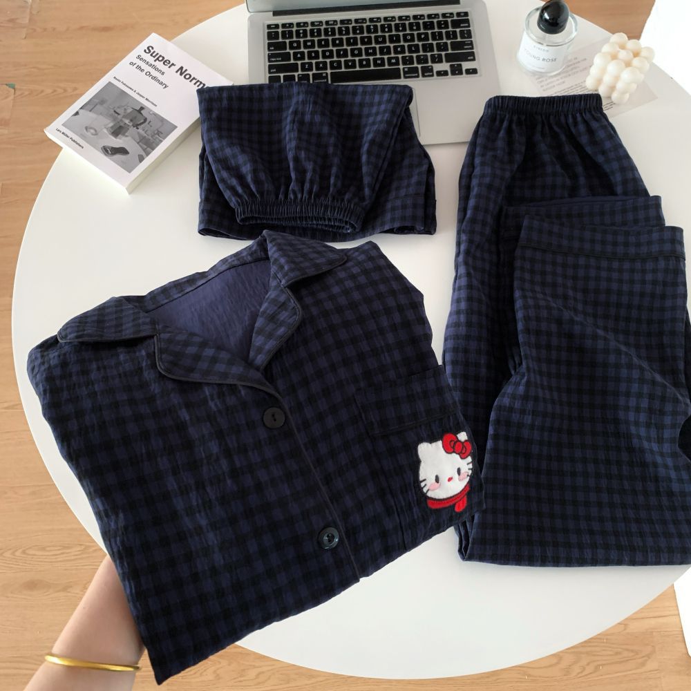 Al por mayor transfronterizo de tres piezas nubes algodón pijama cardigán con solapa mangas cortas pantalones cortos de dibujos animados a cuadros ropa para el hogar
