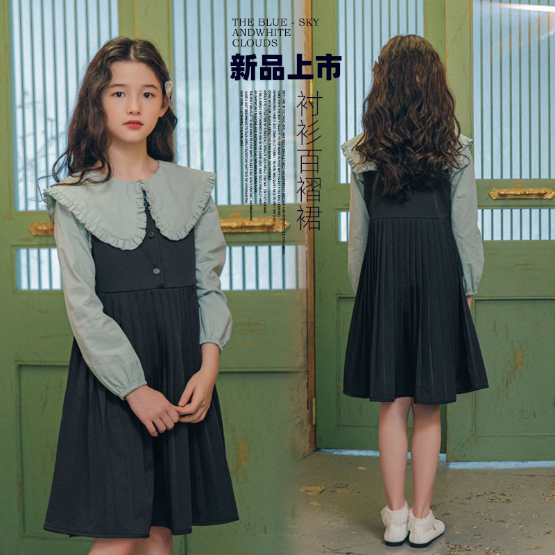 儿童春季连衣裙新款洋气中大童甜美气质裙子女童春装娃娃领背带裙