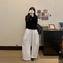 2025年秋冬新款复古基础款针织长袖+白色阔腿工装裤香蕉裤休闲裤