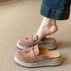 厚底增高半拖鞋女2025夏季新款百搭一脚蹬草编懒人包头鞋休闲单鞋