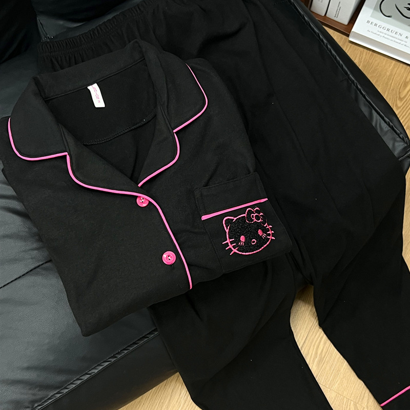 Hellokitty Black Velvet Pajamas Women's Spring, Autumn and Winter Coral Velvet Fleece-Lined Thickeneded Island Velvet Home Clothes