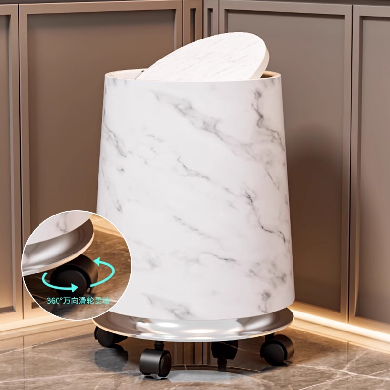 ♔ Rolling Trash Can for Home Use, Vintage-Style, Faux Marble, Large Capacity, High Aesthetic Value, Sanitary Bin with Wheels and Lid
