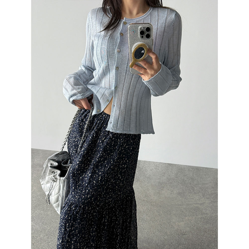 【王琪芝】圆领长袖针织开衫女26春夏轻薄冰丝防晒外披毛衣WQ237