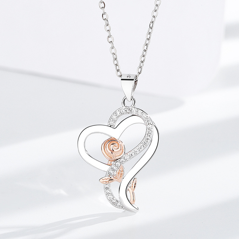 3g Weight 925 Sterling Silver Pendant Material Pendant Necklace Classification 925 sterling silver Chain Material 925 Sterling Silver Heart Shape Rose Pendant Necklace