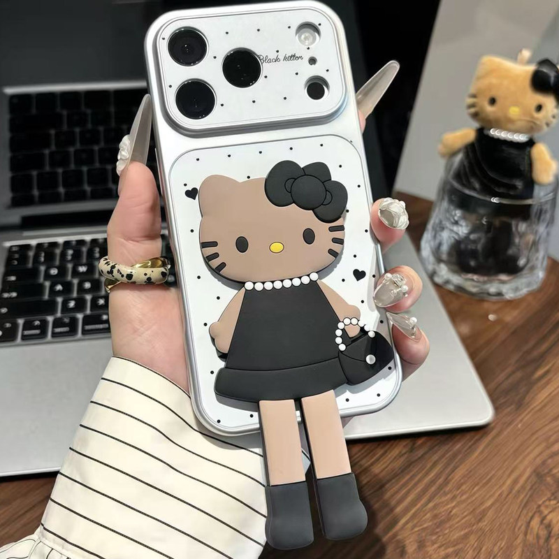 Black Leather Kt Cat Stand Phone Case Suitable for iPhone 17 Pro Max, Apple 16, Full Protection Anti-Drop Hard Case for Women, Model 13 Black Leather Kt Cat Stand Phone Case Suitable for iPhone 17 Pro Max, Apple 16, Full Protection Anti-Drop Hard Case for Women, Model 13