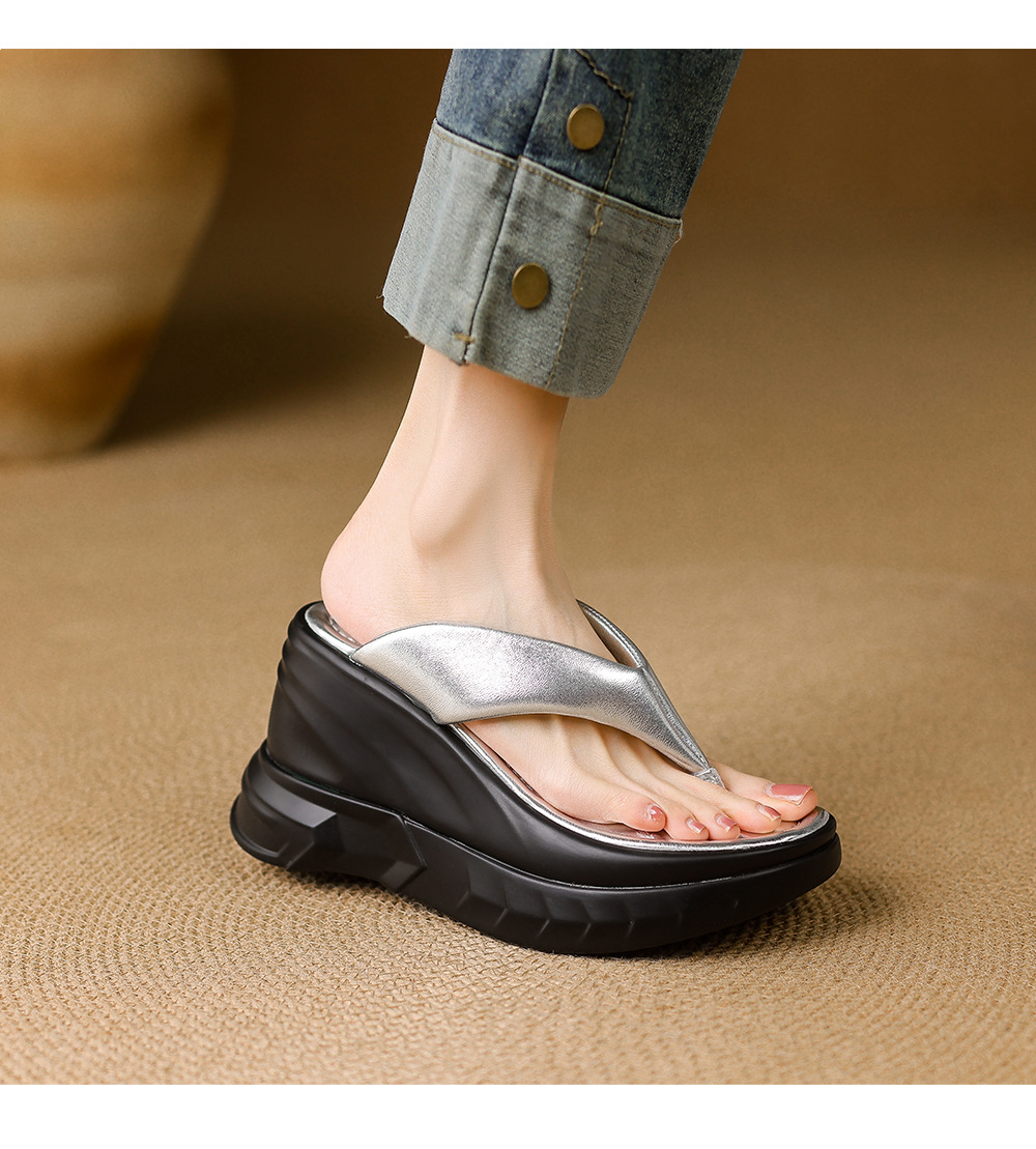 Dép xỏ ngón nữ đế xuồng cao gót 9 cm phong cách platform — màu đen, bạc chi tiết 6