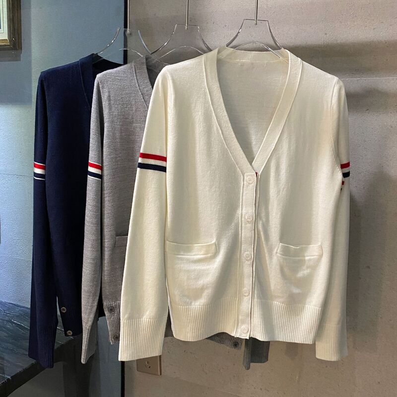 8988Tb Sleeve Bar Cardigan Academy Style Korean Loose Casual V-Neck Striped Pocket Four Bar Top