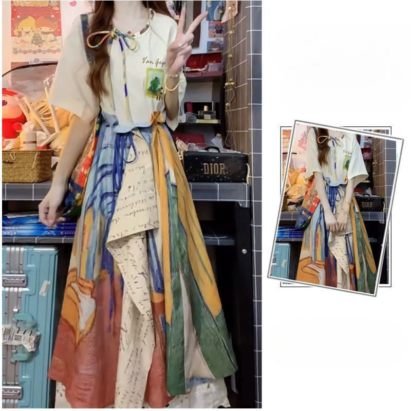 Женский костюм Pure Desire Hot Girl, лето 2025, новая корейская футболка с коротким рукавом, юбка с художественной масляной живописью, комплект из двух предметов
