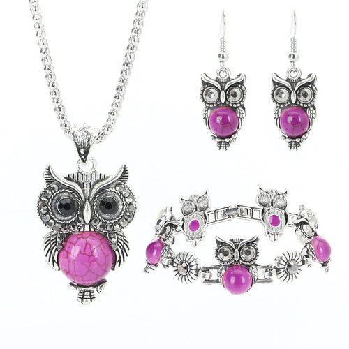European and American retro jewelry set, turquoise inlaid owl pendant earrings, necklace, bracelet, women's popular jewelry