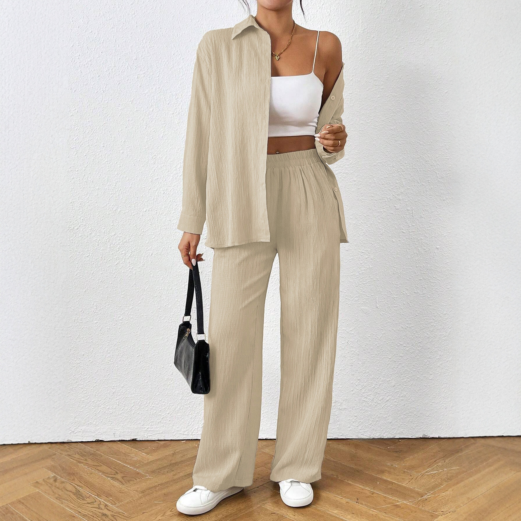 2025 Amazon Spot Cross-Border Elegant Commuter Skin Tone Crepe Fabric Solid Color Long Shirt and Wide-Leg Pants Set for Women