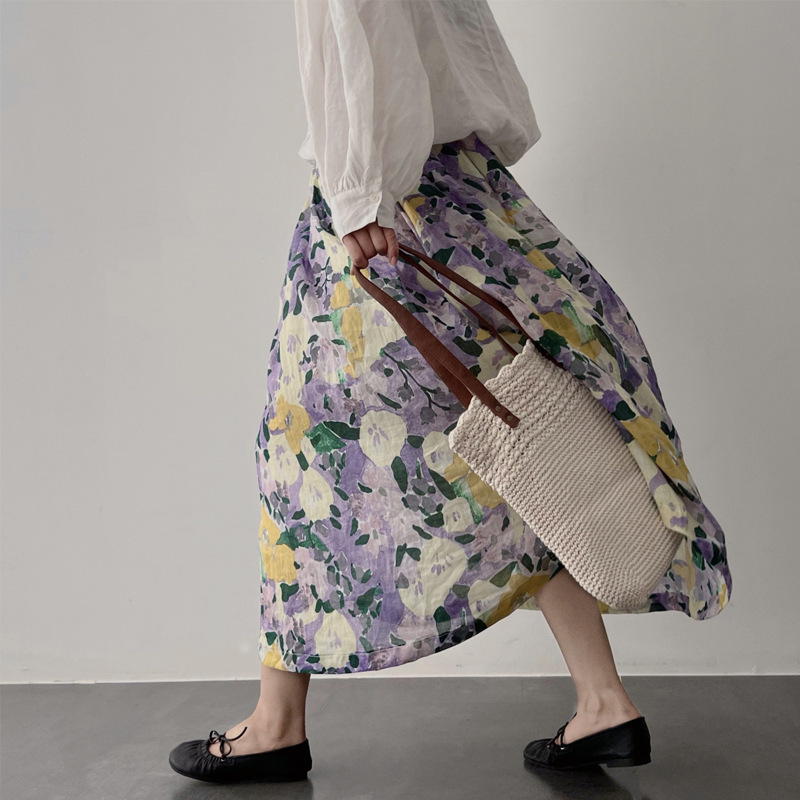 Dyed purple watercolor painting. Worsted fine yarn 100 natural Ramie A- line midi skirt 2023 Summer