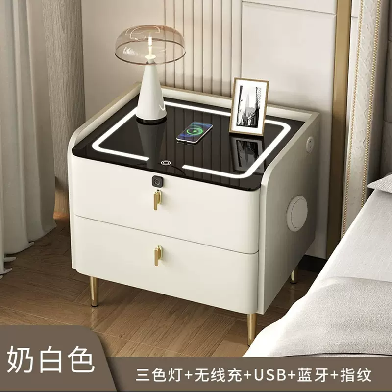 智能床头柜轻奢高级感多功能卧室带音箱奶油风带灯2024新款柜子