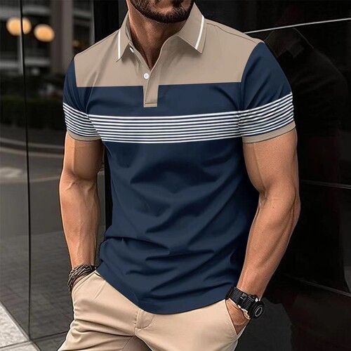 Summer men's new digital printed lapel button business all-match T-shirt