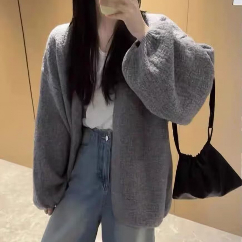 Corteza artesanía de punto Cardigan mujeres primavera y otoño nuevo estilo coreano burbuja manga suéter de aire perezoso abrigo suelto