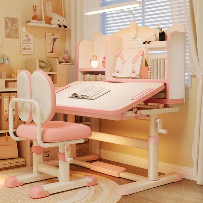 Modern Simple Children's Study Table and Chair Set Student Lift Desk Writing Desk Home Desk Bookshelf Integrated Table