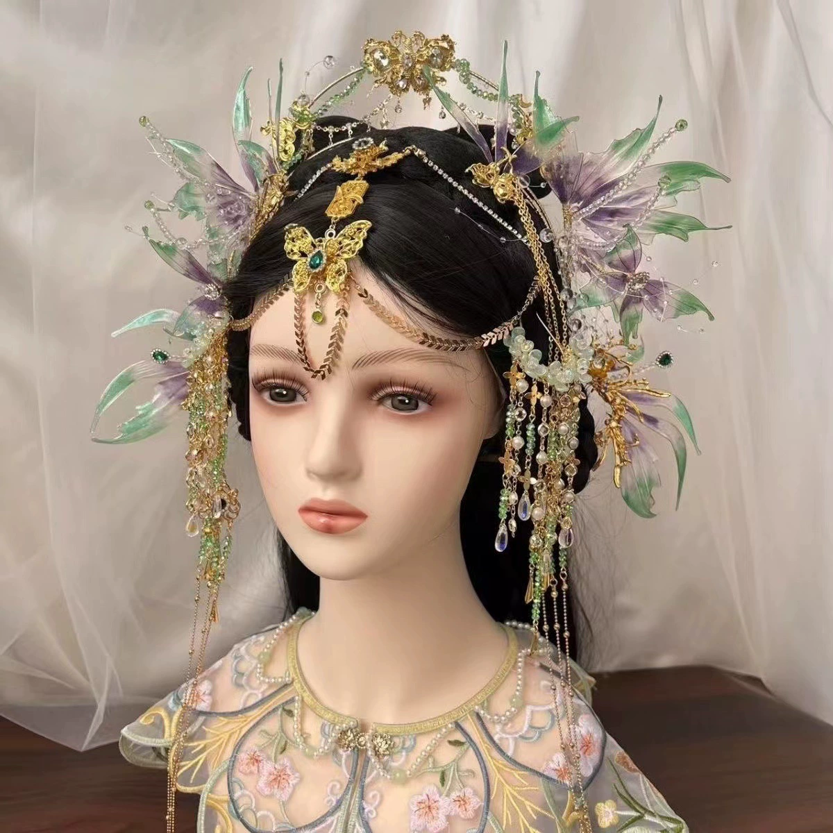 Экзотический головной убор династии Хань, комплект короны из волос русалки, украшение на лоб с кисточками, заколка принцессы, супер-фея, заколка для волос династии Хань, ювелирные изделия