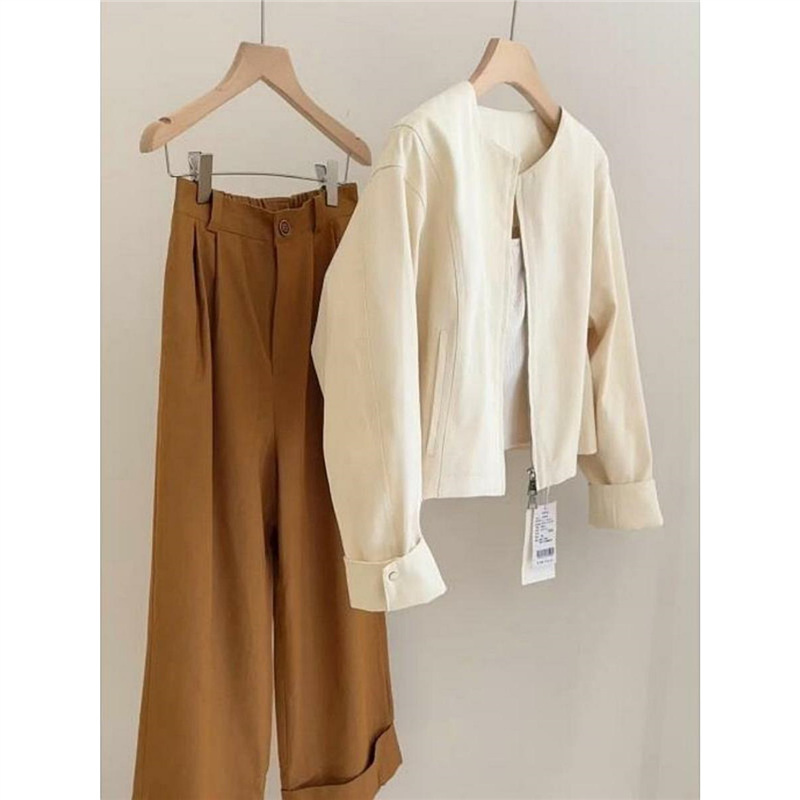 91520 Petite Spring Outfit: Salt-Style Mature Chic Little Chanel Style Apricot Jacket for Casual Women