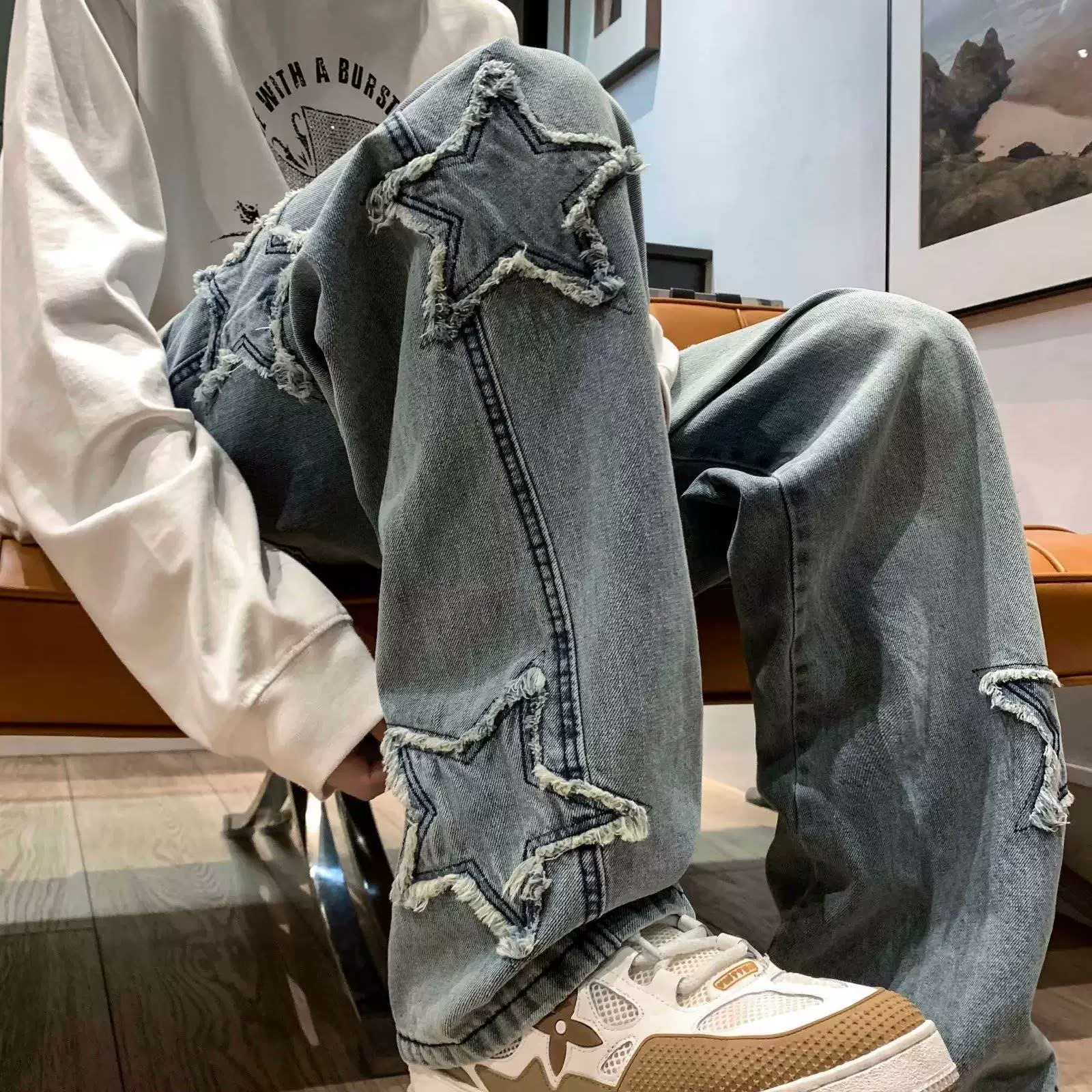 Осенние демисезонные джинсы в ретро-стиле для мужчин и женщин, брюки, с вышивкой, американский стиль, свободный прямой крой