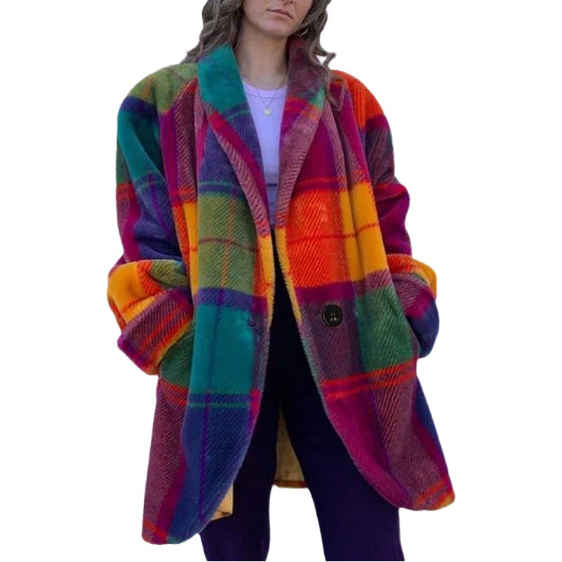 Abrigo Largo de Lana con Estampado de Poliéster y Pelo Sintético con Cuello Solapa para Otoño e Invierno