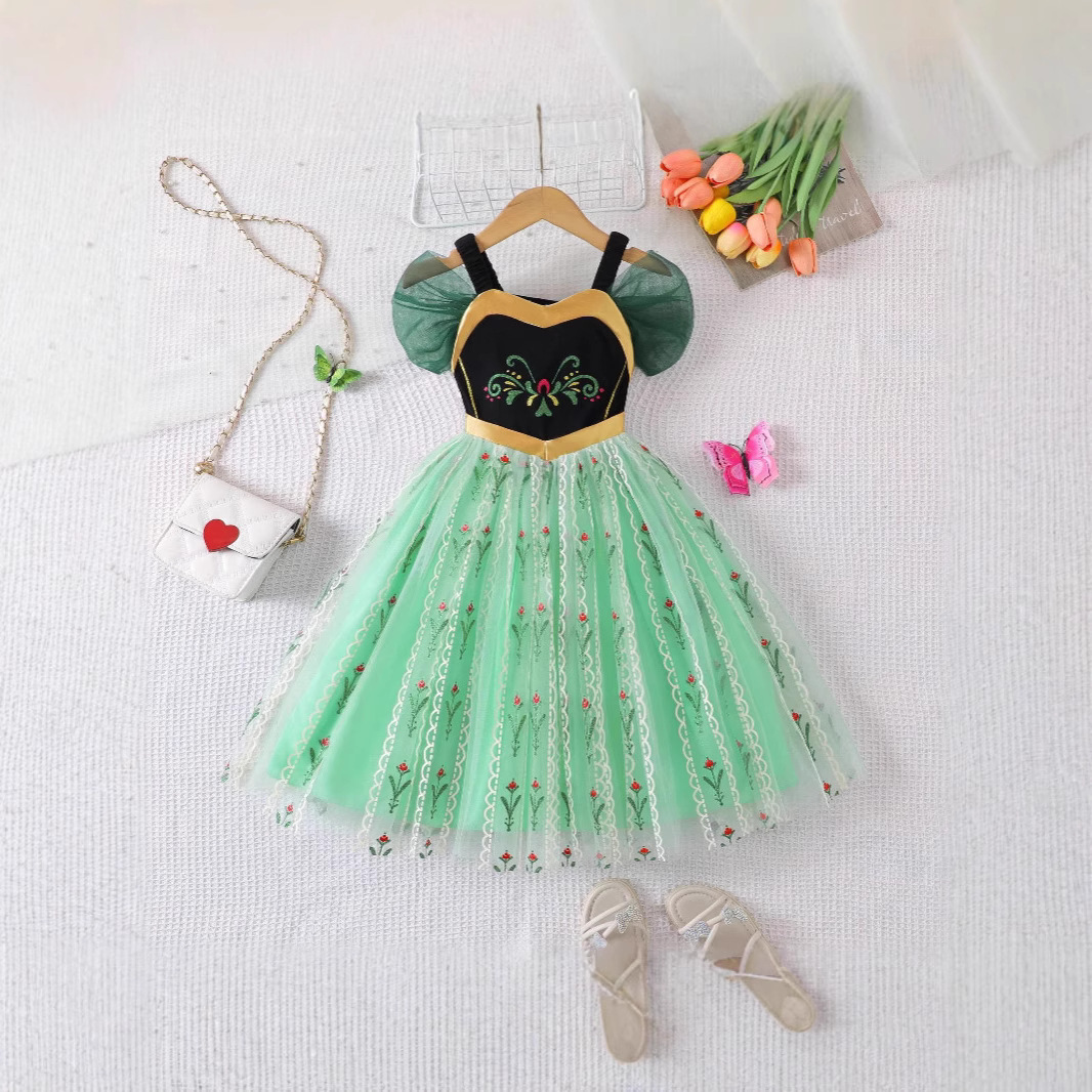 Cross-Border Children's Summer Dress Anna Princess Embroidered Dress Girls Birthday Party Dress Mesh Princess Dress