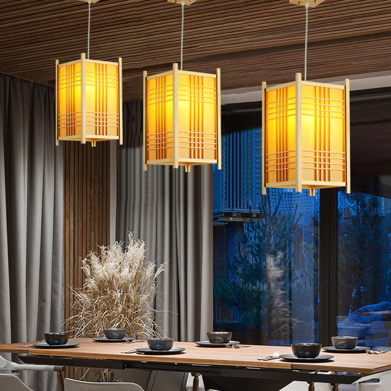 Araña de estilo japonés restaurante de olla caliente lámpara de restaurante de madera maciza creativa Nordic log Bird Cage chandelier lámpara de Bar de estilo coreano