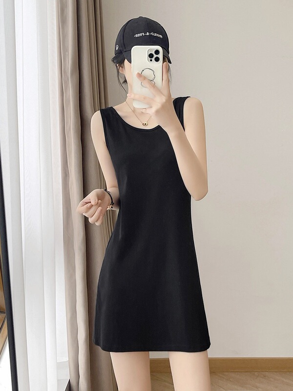 Black Sleeveless Camisole Dress for Women, Summer Short Tank Dress, Slim Fit, Elegant Mid-Length Dress, Base Layer Shirt Black Sleeveless Camisole Dress for Women, Summer Short Tank Dress, Slim Fit, Elegant Mid-Length Dress, Base Layer Shirt