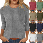 欧美跨境亚马逊新款秋冬休闲毛衣百搭七分袖坑条抓毛优雅女式T恤