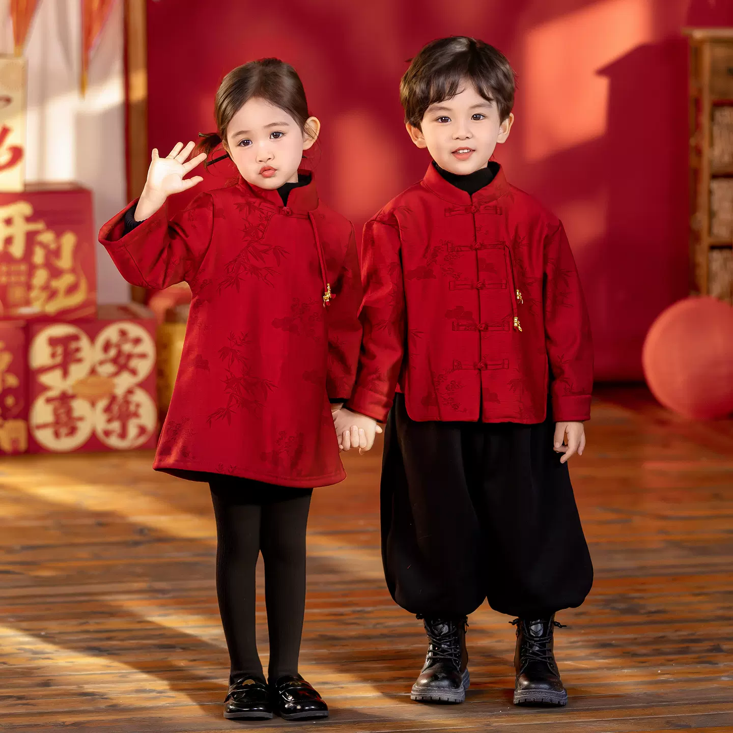 儿童汉服男童冬加绒国风唐装女童新中式民族红色拜年服元旦演出服