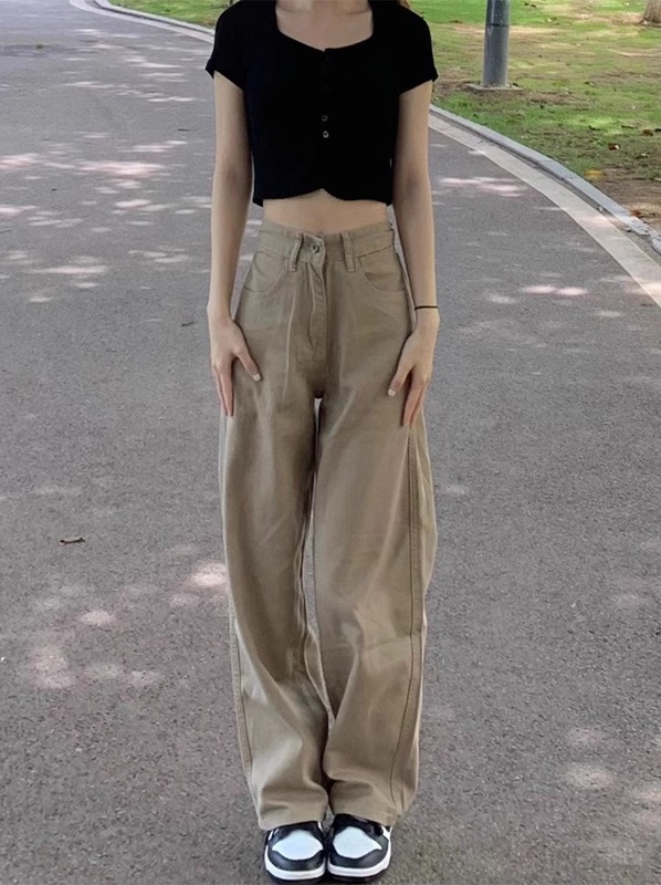 卡其色阔腿牛仔裤女夏高腰薄款显瘦宽松直筒阔腿裤女小个子垂感|undefined