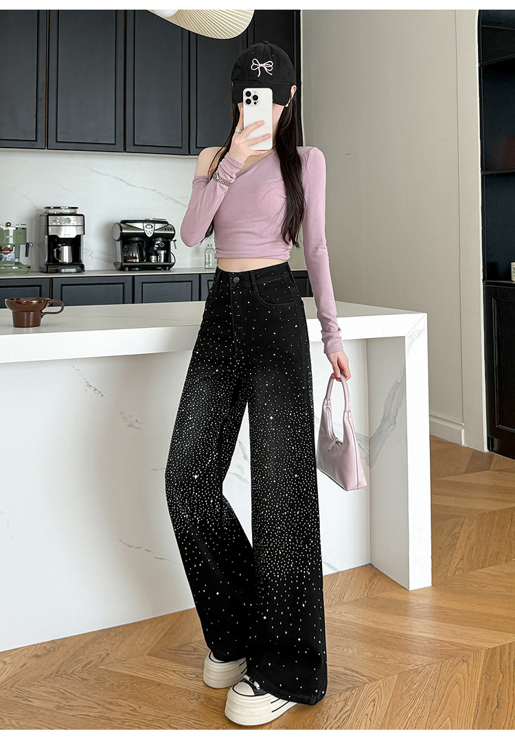 Jeans a zampa con strass glitterati a vita alta per donna - Pantaloni palazzo elasticizzati a gamba larga con vestibilità comoda_voghion.com