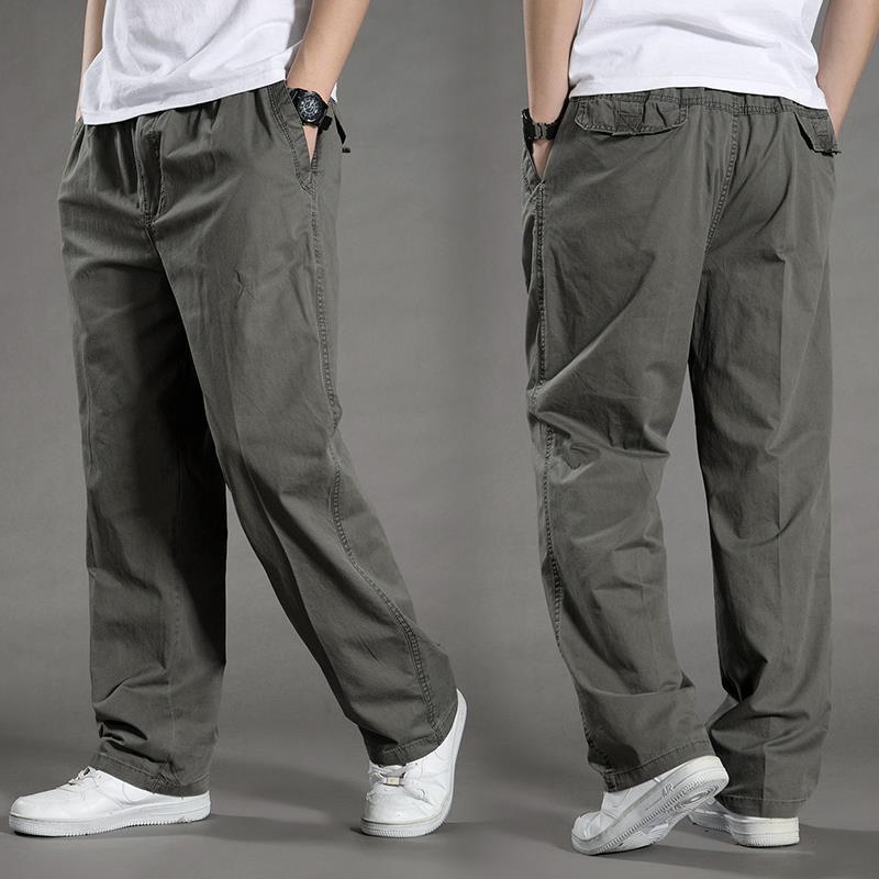 Spring and Summer Thin Men's Casual Pants Plus Cargo Pants Large Size Loose Middle-Aged Men's Trousers Pure Cotton Straight Elastic Waist