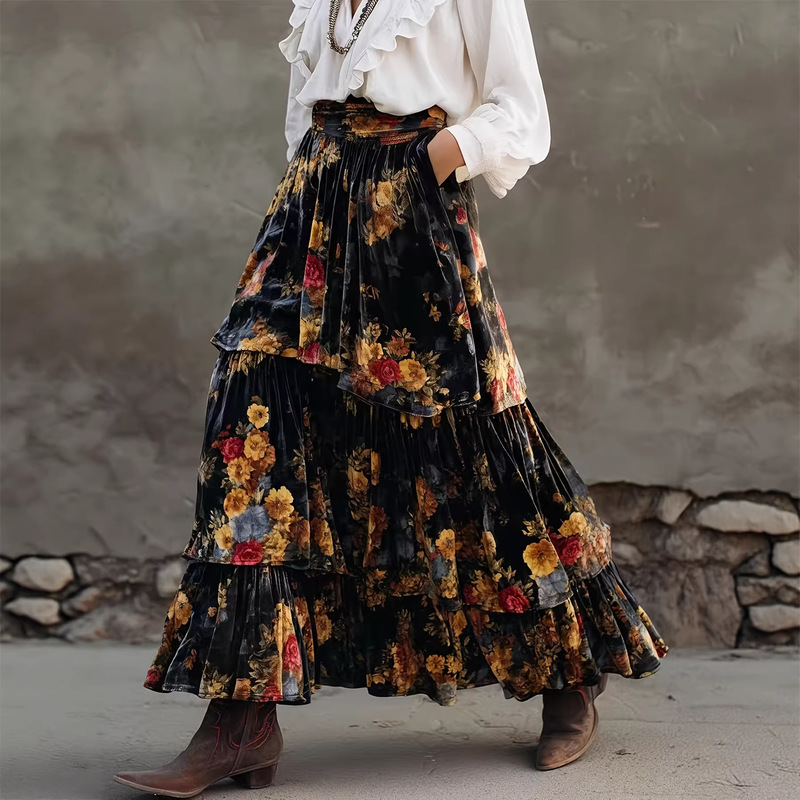 2026 European and American New Style Half-Length Skirt, Fashionable and Elegant, Large Floral Print, Slimming Retro High-Waisted Tiered Long Skirt for Women 2026 European and American New Style Half-Length Skirt, Fashionable and Elegant, Large Floral Print, Slimming Retro High-Waisted Tiered Long Skirt for Women