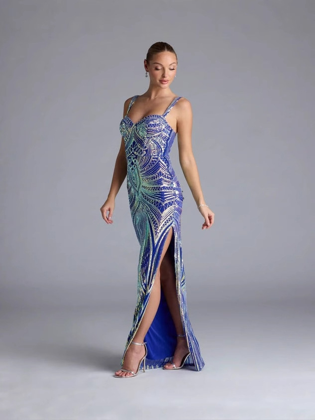 Vestido de honda sexy con patrón de lentejuelas de alto nivel transfronterizo europeo y americano, vestido de noche de banquete, traje de actuación (2 colores) image 3
