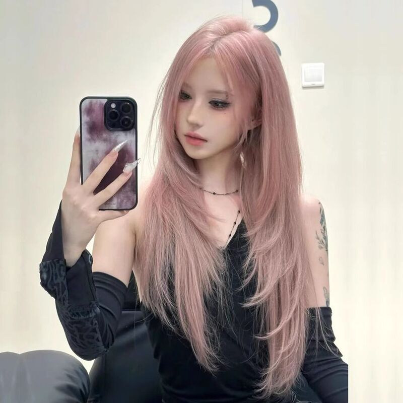 Pink Wig for Women with Long Straight Hair, Fashionable Lolita Lolita Cos, Medium Parted, High-Level Trendy Full Headgear