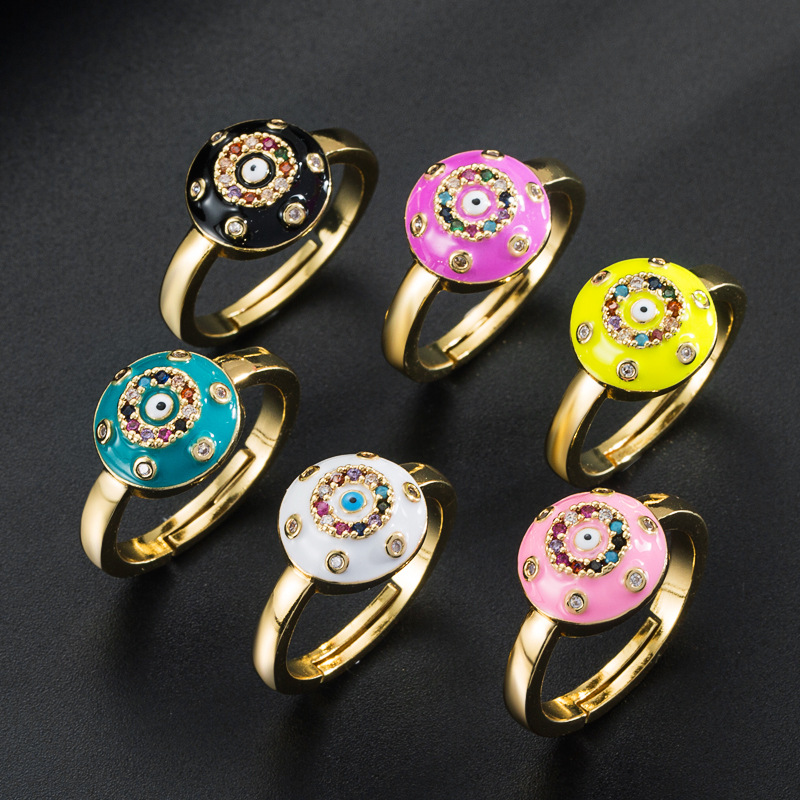 Fashion Color Dripping Oil Devil's Eyes Copper Plated Real Gold Micro Inlaid Zircon Ring display picture 2