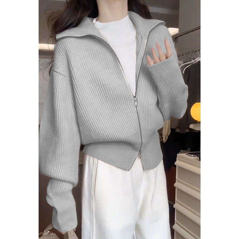 洋气双拉链翻领针织开衫女秋冬加厚高级感软糯毛衣外套短款上衣服