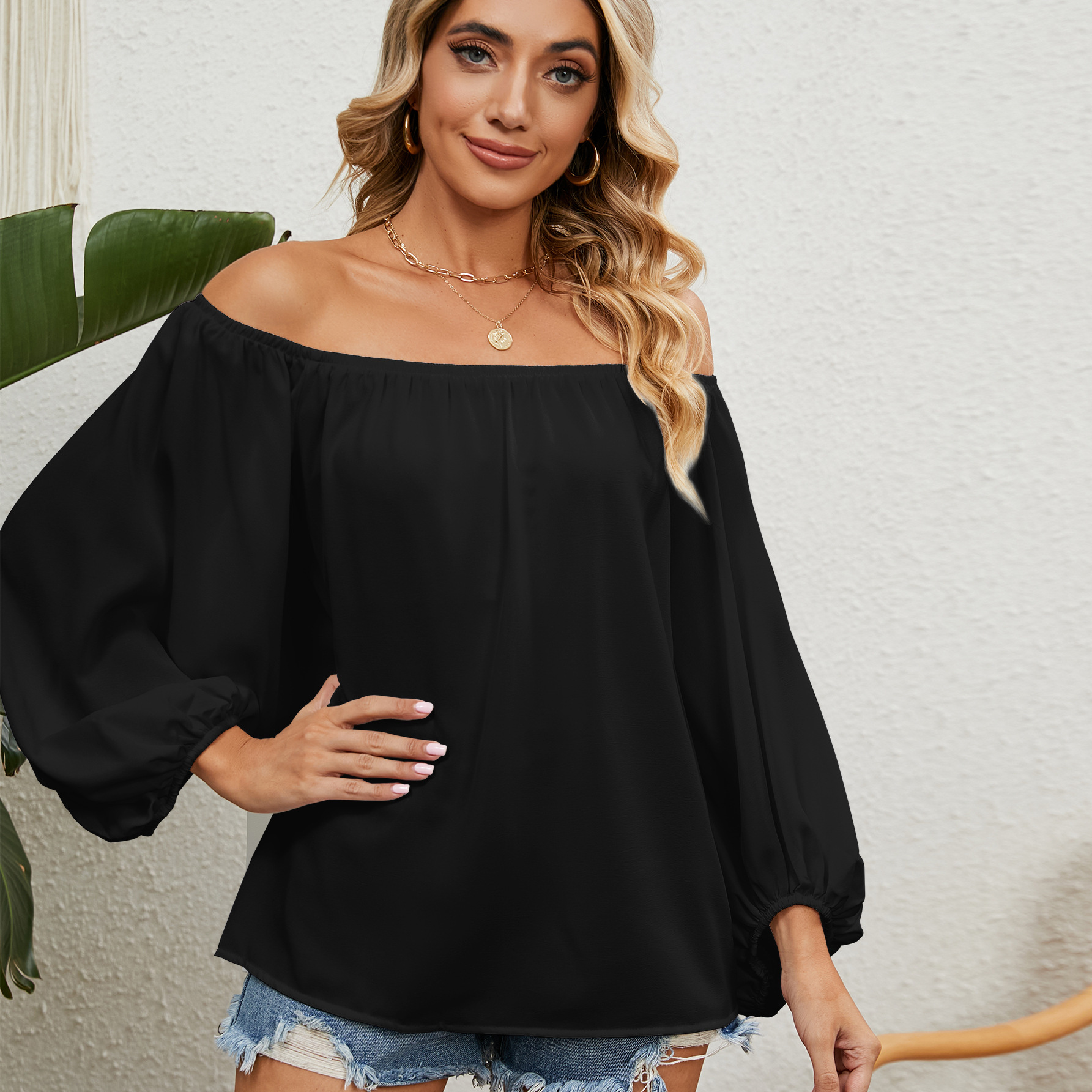 Women's T-shirt Solid Colour Chiffon Top With Line Collar_voghion.com