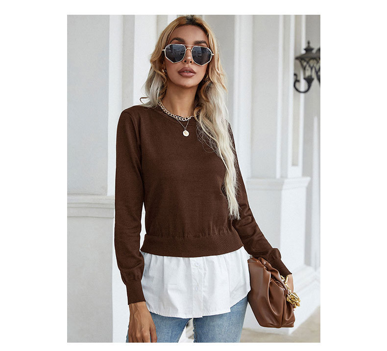 Einfarbiges Hemd mit Patchwork-Oberteil, gefälschter zweiteiliger Pullover_voghion.com
