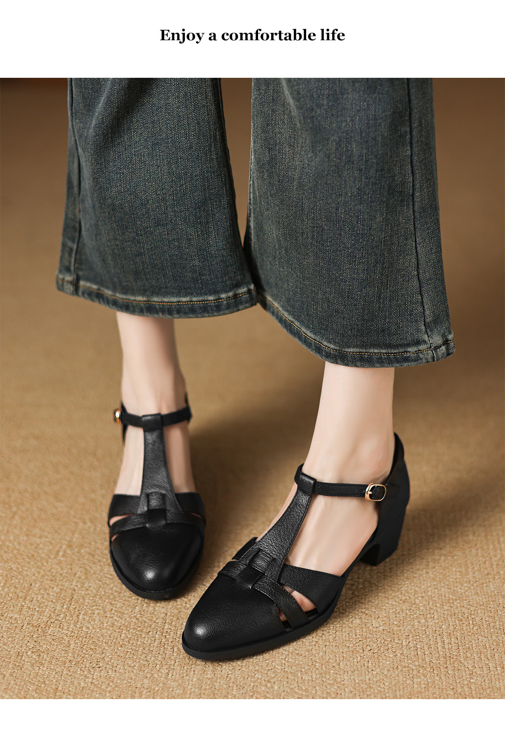 Sandal nữ gót vuông quai ngang phong cách La Mã, đế rỗng, dệt chéo khóa T — đen chi tiết 12