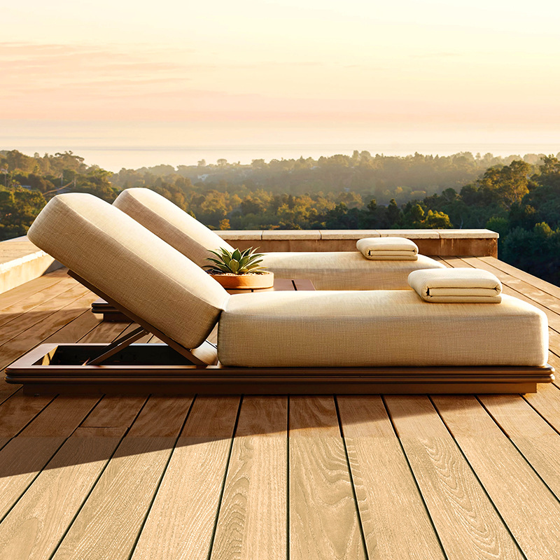 Sofá de madera de relajación al aire libre patio terraza villa al aire libre sala de sol impermeable muebles de cama de cama image 4