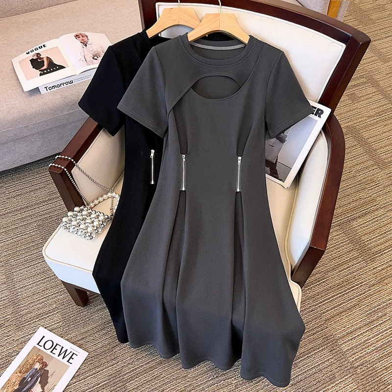 Летнее платье больших размеров для полных девушек, чтобы выглядеть стройными, скрыть живот, подтянуть талию, плиссированное платье с круглым вырезом, женская легкая роскошная модная юбка