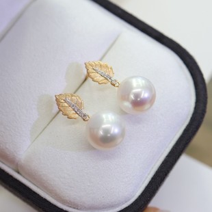 18K Gold Accessories Leaf Design Pearl Earrings Thick Gold Set with Diamonds 0.03 Carat Picture 10-11 Beads Without Beads