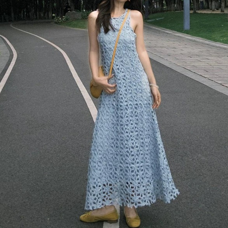 ミント風味の夏フレンチヘビー立体フラワー中空ドレス女性のための 2025 夏の新しいノースリーブスカート|undefined