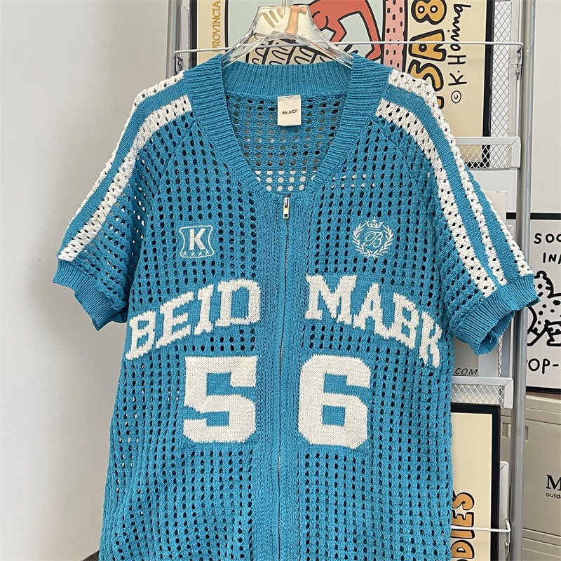 Unisex Retro Letter Print Mesh Knit Cardigan - Breathable Summer T-Shirt Jacket For Men & Women​_voghion.com