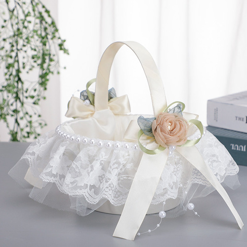 Western-style wedding flower basket pearl bow flower decoration lace small flower basket wedding hand-held flower basket with flowers