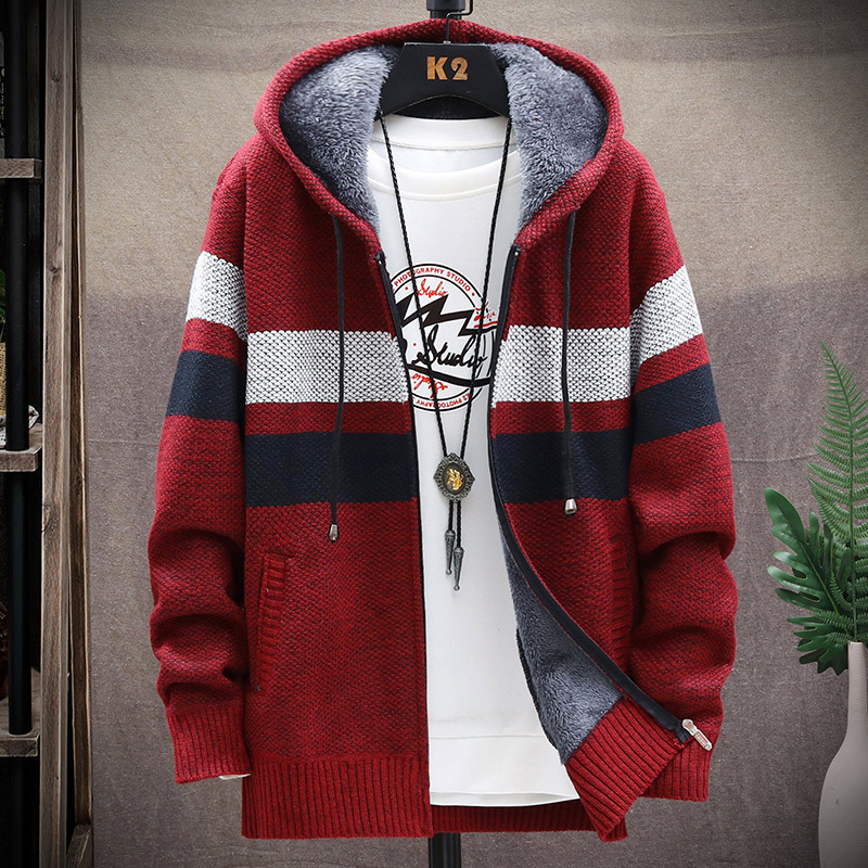 2026 Autumn and Winter New Men's Simple Knit Jacket European and American Style Solid Color Loose Fleece Hooded Cardigan Men's Fashion